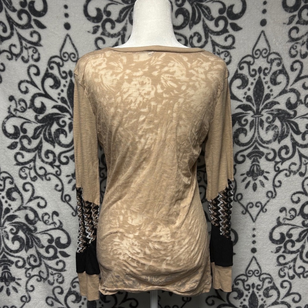 00s/Y2K BKE Tan Floral Burnout Long Sleeve Top XL Sequin Elbow‎ Patches - Picture 2 of 4